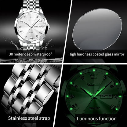 OLEVS Watch for Men Diamond Business Dress Analog Quartz Stainless Steel Waterproof Luminous Date Two Tone Luxury Casual Wrist Watch Silver Mens