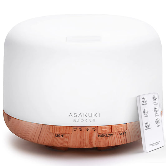 ASAKUKI Essential Oil Diffuser 500ml, Ultrasonic Aromatherapy Humidifier with Remote Control, 7 LED Colors, Timer & Auto-Off, Large Room Diffuser