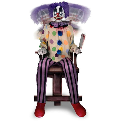 Haunted Hill Farm Motion-Activated Thrashing Clown with a Meat Cleaver by Tekky, Sitting Halloween Animatronic for Indoor or Covered Outdoor Creepy Halloween Decorations, Plug-in or Battery Operated