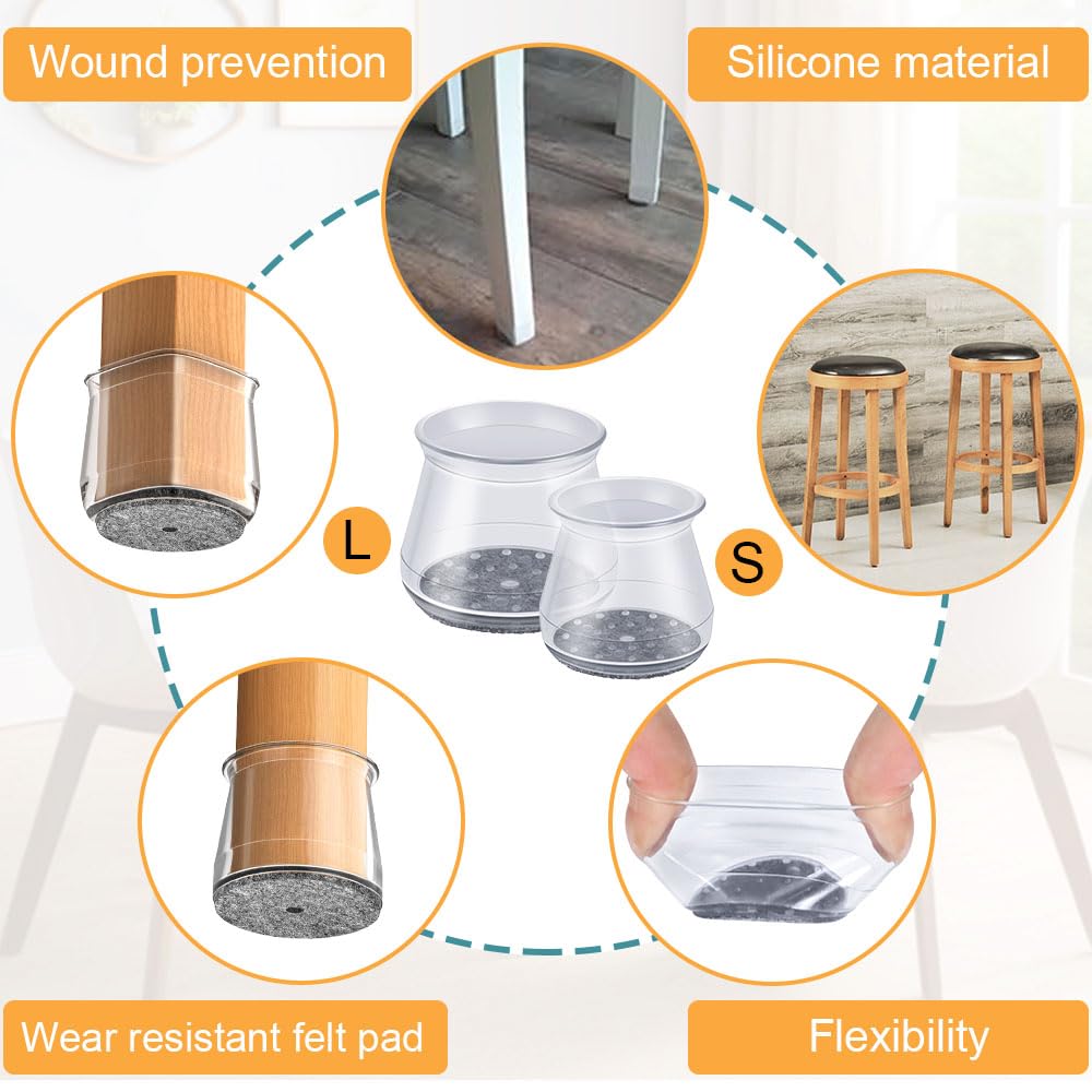 32 Pcs Chair Leg Protectors for Hardwood Floors, Clear Silicone Felt Furniture Leg Cover Pad for Protecting Floors from Scratches and Noise, Smooth Moving(Large Fit Round Diameter：1-5/16" to 2")