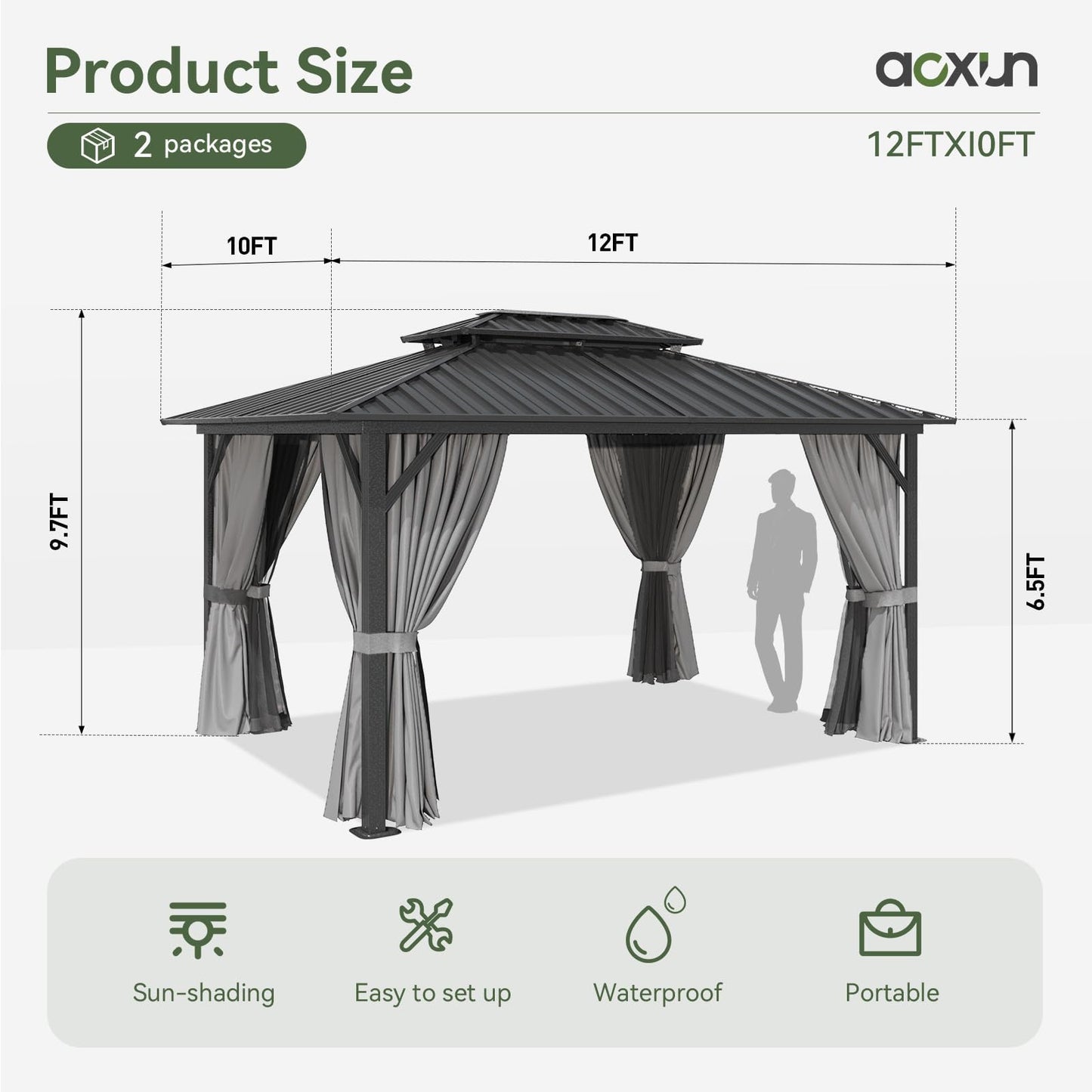 Aoxun Hardtop Gazebo 10x12, Aluminum Frame Canopy with Double Galvanized Steel Roof, Outdoor Gazebo with Breathable Netting and Privacy Curtain for Backyard