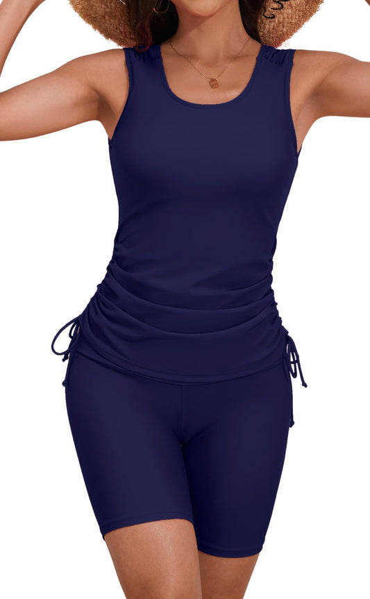 B2prity Tankini Swimsuits for Women Tummy Control Two Piece Bathing Suit Tank Top with Shorts Side Tie Swimwear Navy Blue