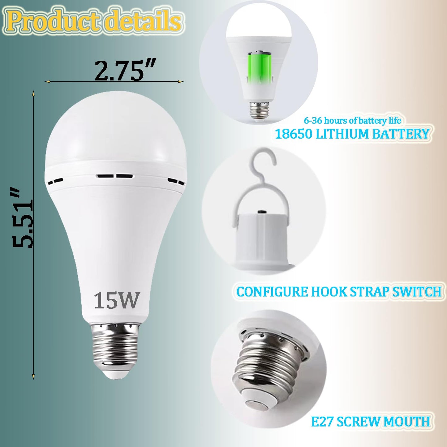 6Pack White Rechargeable Emergency 15W LED Light Bulb,Stay Lights Up When Power Failure,100W Equivalent,1500lm,White Light 6000K,E26/27 Base,2200mAh Lithium Battery