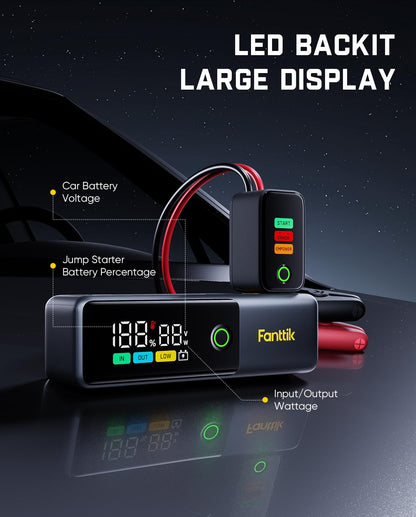 Fanttik Potent T10 1800A Portable Jump Starter, 12000mAh Power Bank, 12V Safe Lithium Jump Box with Smart SenseClamp, Retractable Charging Cable, Battery Booster for 7.0L Gas and 5.0L Diesel Engines