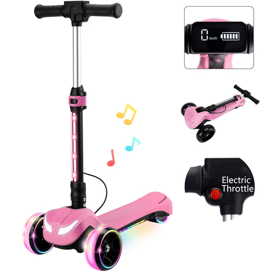 24V Electric Scooter for Kids w/150W Powerful Motor, Thumb Throttle, LCD Screen, Bluetooth, Light-Up Stem Deck & Wheels, 3 Adjustable Heights, 5MPH Safe Speed, 3 Wheel Electric Scooter for Kids, Pink