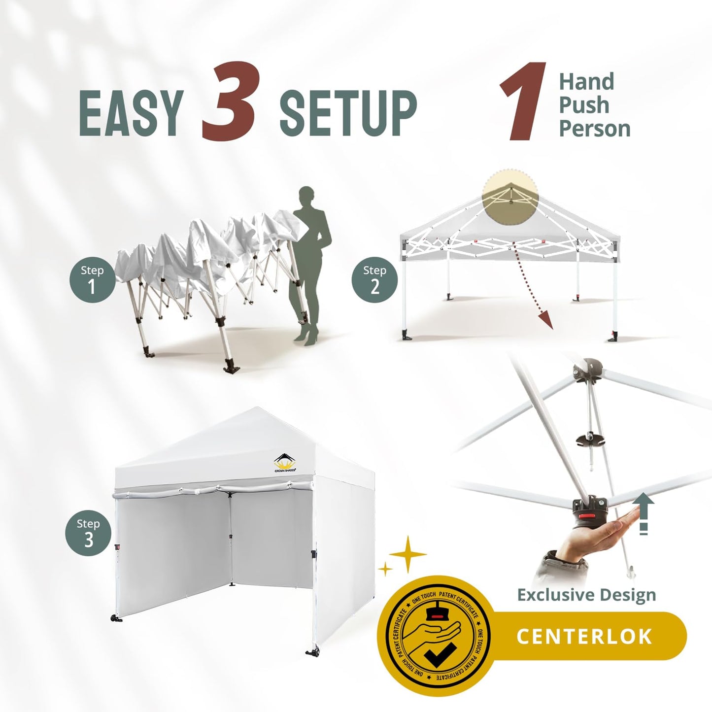 CROWN SHADES 10x10 Pop Up Canopy Tent Instant Commercial 1-Person Setup Patended Centerlock with 400D Silver Coated Fabric, 4 Sidewalls, 4" Wheels, 4 Upgraded Weights, Sto'N Go Bag, White