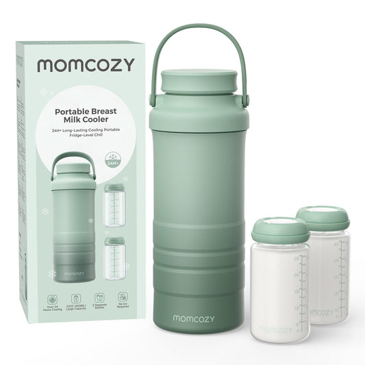 Momcozy 22oz Portable Breast Milk Cooler for Outdoor, Life Saver with 360° Total Cooling for 24 Hours, Larger Capacity Travel Breastmilk Chiller with 2pcs Baby Bottles for Breastmilk Storage, Green