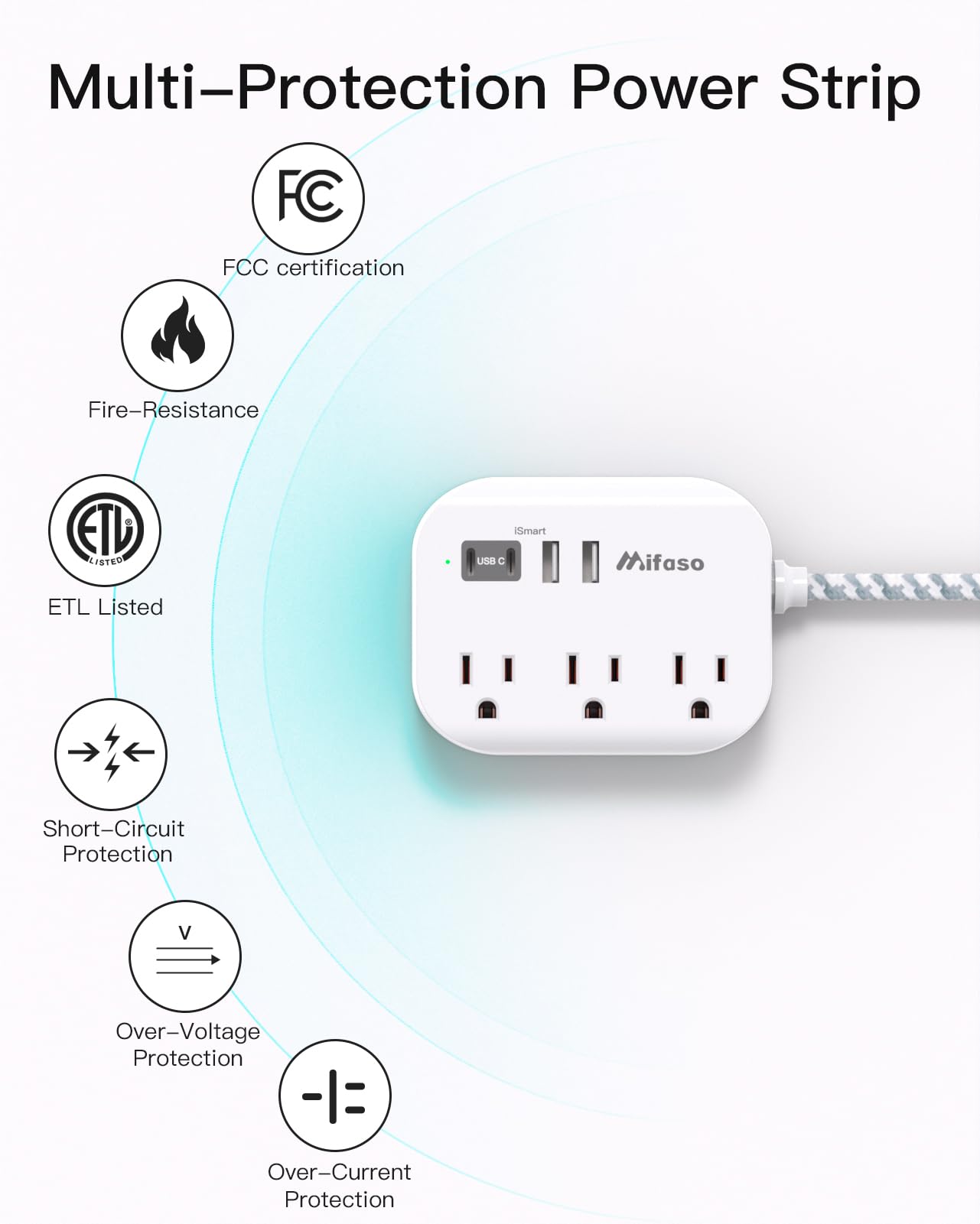 Cruise Ship Essentials - Mifaso Power Strip with USB Ports, 5Ft Flat Extension Cord with Multiple Outlets, USB Charging Station with Non Surge Protector for Cruise Ship, Travel, Dorm Room Essentials