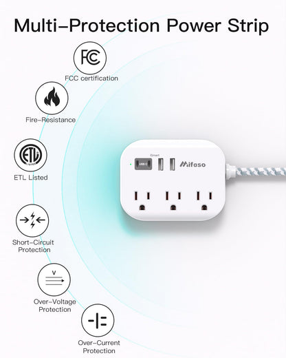Cruise Ship Essentials - Mifaso Power Strip with USB Ports, 5Ft Flat Extension Cord with Multiple Outlets, USB Charging Station with Non Surge Protector for Cruise Ship, Travel, Dorm Room Essentials