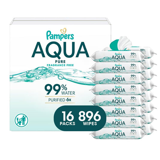 Pampers Aqua Pure Baby Wipes, 99% Water, Fragrance Free, 896 Baby Wipes Total (16X Flip-Top Packs) [Packaging May Vary]