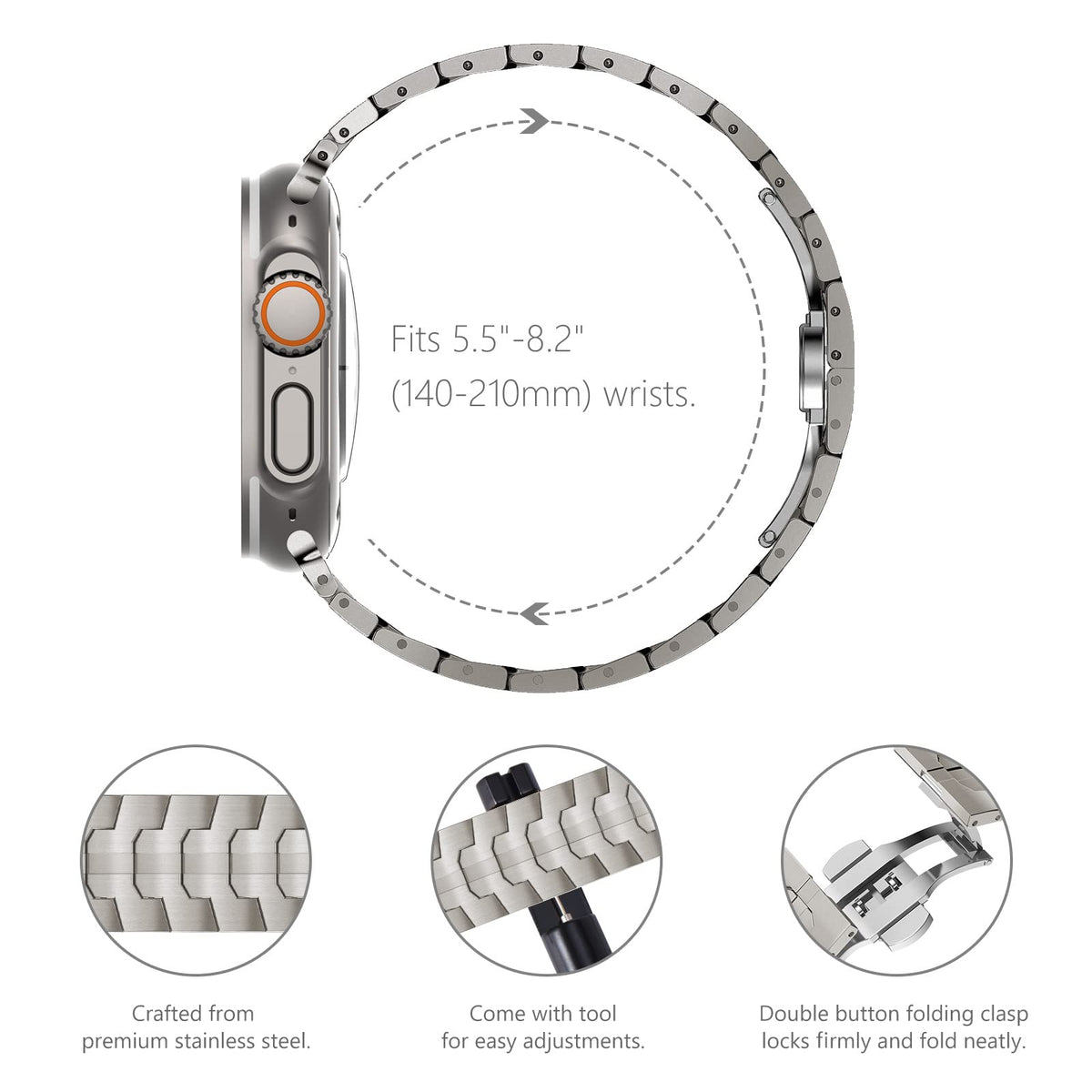 KADES Stainless Steel Link Bracelet for Apple Watch Band Ultra 3/2/1 49mm Series 11/10 46mm 9/8/7 45mm 6/5/4 44mm, 24mm WideHeavy Duty Metal Strap for Men, 24mm Wide Titanium