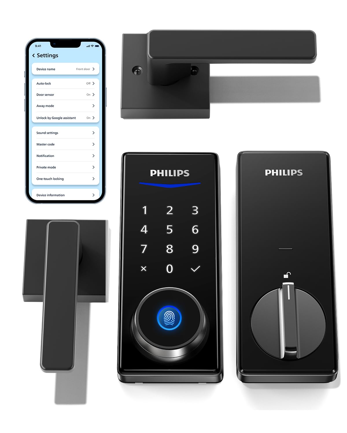 Philips Smart Lock with Handles, Keyless Entry Door Lock Set, Smart Door Lock with 2 Level Handles, Digital Keypad Deadbolt for Front Door, App Fingerprint PIN Code Unlocking, Auto Locking