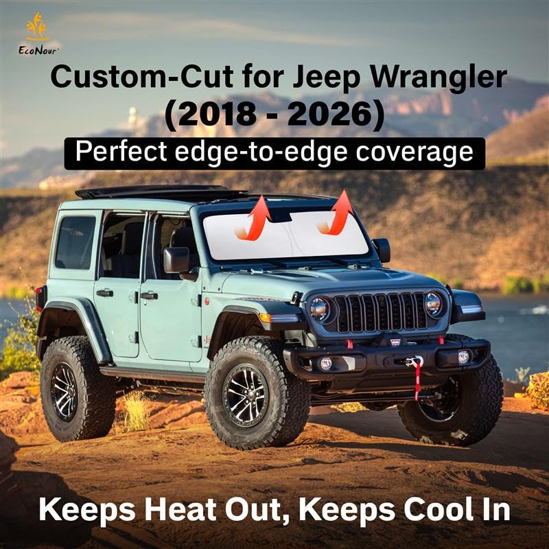 Econour Windshield Sun Shade Compatible for Jeep Wrangler & Gladiator 2018-2024 2025 2026, Sun Visor for Front Windshield & Window Sun Shade Cover, UV Heat Blocker & Protector, Car Accessories