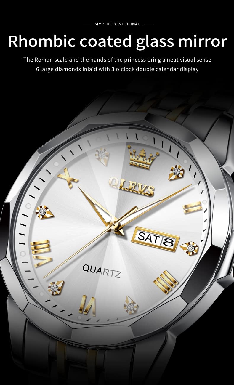 OLEVS Watch for Men Diamond Business Dress Analog Quartz Stainless Steel Waterproof Luminous Date Two Tone Luxury Casual Wrist Watch Silver Mens