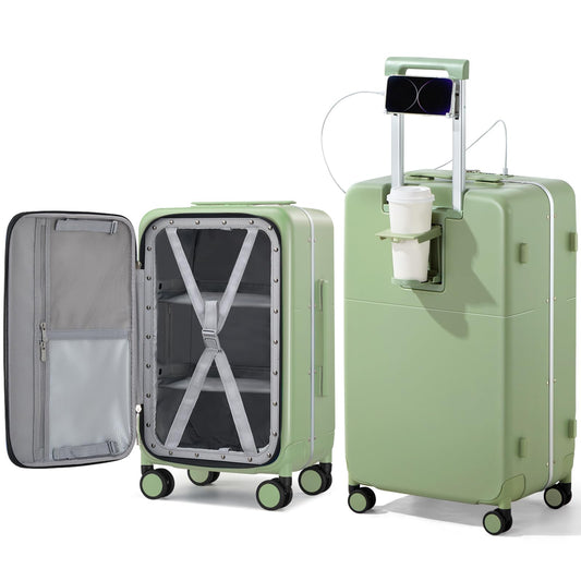 Hanke 28 Inch Luggage with Cup Holder and Charge,Top Opening Hard Shell Suitcases with Wheels and Dividers,Aluminum Frame Trunk Luggage Extra Large Suitcase with Lock for Travel，Bamboo Green