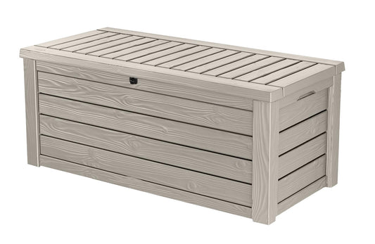 Keter Westwood 150 Gallon Resin Large Outdoor Storage Box for Patio Furniture, Outdoor Cushions, Garden Tools and Pool Floats, Beige
