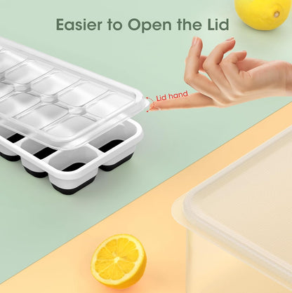 DOQAUS Ice Cube Tray with Lid and Bin - 4 Pack Silicone Ice Cube Trays for Freezer, Stackable Ice Bucket Kits with Storage Container & Scoop for Kitchen, RV, Cocktail, Coffee