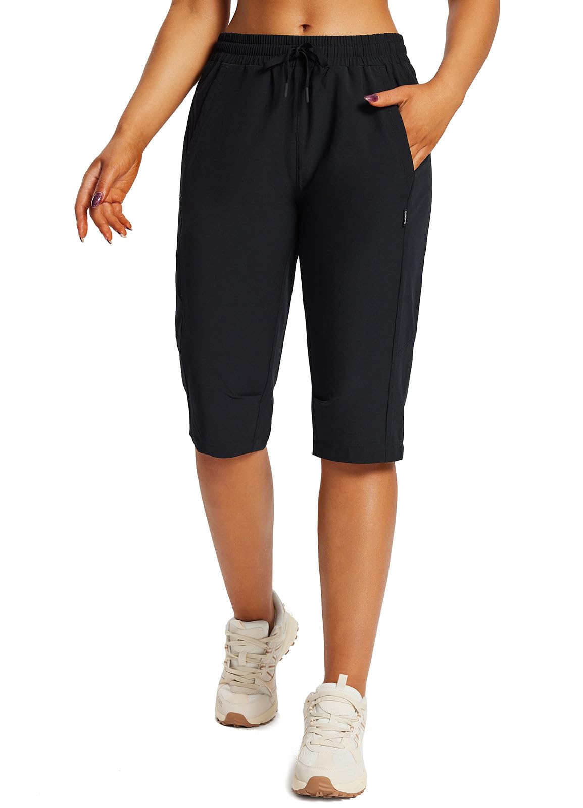 baleaf Women's 15" Long Shorts Below The Knee Capri Hiking Cargo Shorts Lightweight Quick Dry Elastic Waist for Casual Black L