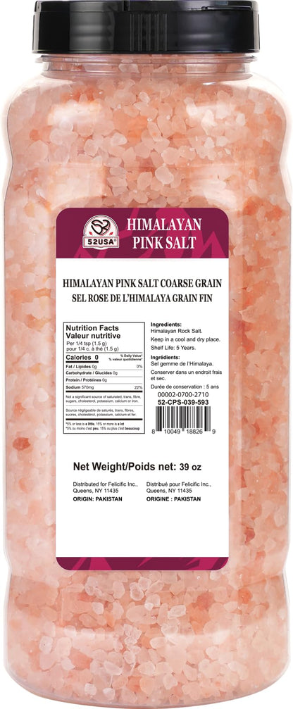 52USA Himalayan Pink Salt, Coarse Grain, 39 oz (2.4 LB), Pink Himalayan Sea Salt, Kosher Salt, Sea Salt for Grinder Refill, Himalayan Salt