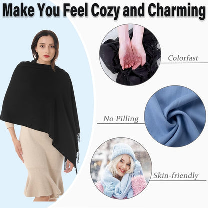 TwoYek 2 Pack Women's Scarf Pashmina Shawls and Wraps for Evening Dress Wedding Bridesmaid Bridal Winter Warm Large Soft Silky Scarves Gfit for Women Black and Cream