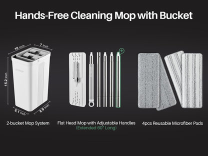 JOYMOOP Mop and Bucket Set with Wringer, Flat Mops for Floor Cleaning, Wall Mop Cleaner with Long Handle, Hardwood Floor Mop with 4 Microfiber Pads