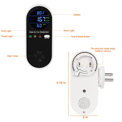 2 Packs Combination Natural-Gas and Carbon-Monoxide-Detector,Koabbit 4-in-1 CO/LPG/LNG Explosive Gas Detector Alarm with Temperature(°F) & Humidity for Home,RV,Hotel,Apartment