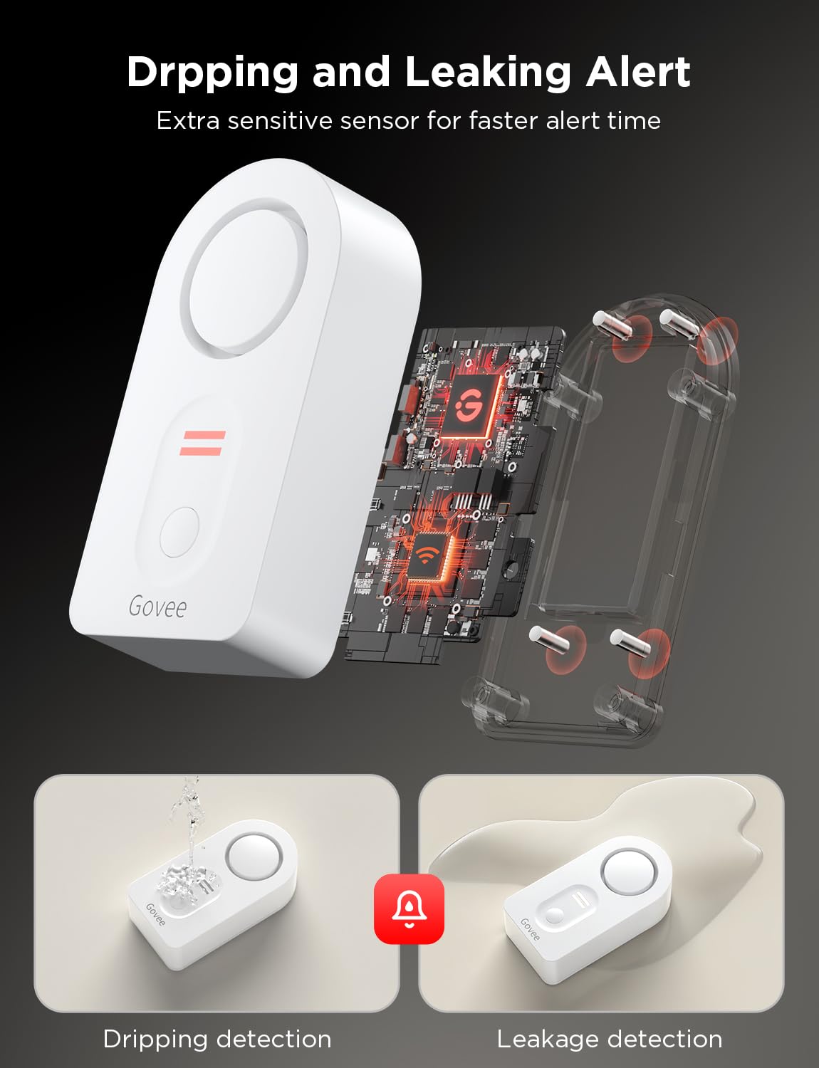 Govee WiFi Water Sensor 2 Pack, Smart Water Leak Detector, 100dB Adjustable Alarm Suit for Home and Basement, Water Leak Alert with Email & APP Push (Only Support 2.4G Wi-Fi)