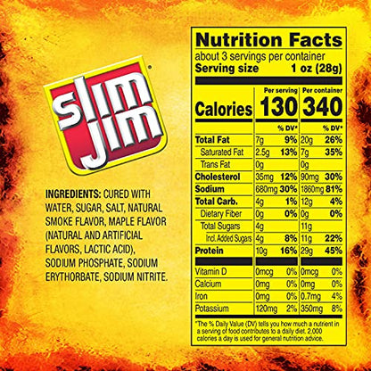 Slim Jim Smoked Bacon Jerky, Maple Flavor, 10g Protein Per Serving, 2.75 oz. (8 Count)