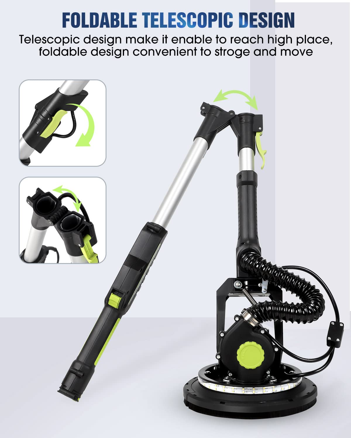 MYTOL Drywall Sander, 7.2A Electric Drywall Sander with Vacuum Dust Collection, LED Light, 6 Variable Speed Digital Display 900-1800RPM, Foldable & Extendable Handle, 9 Sanding Discs&3 Grid Sandpaper