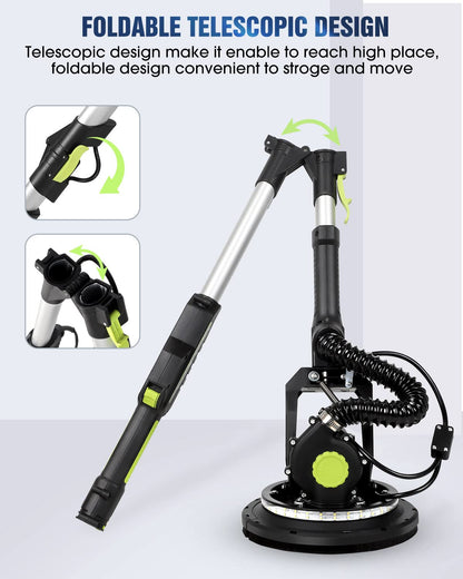 MYTOL Drywall Sander, 7.2A Electric Drywall Sander with Vacuum Dust Collection, LED Light, 6 Variable Speed Digital Display 900-1800RPM, Foldable & Extendable Handle, 9 Sanding Discs&3 Grid Sandpaper