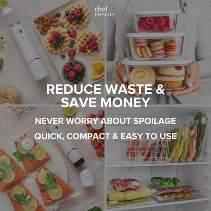 Chef Preserve Compact Vacuum Sealer for Food (Vacuum Sealer Machine + 3 Glass Vacuum Containers + 30 Reusable Vacuum Bags) Powerful Handheld Vacuum Seal Machine, Seal Meal Saver, Portable Food Sealer