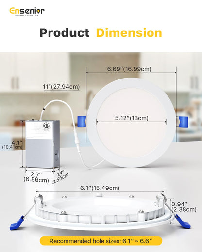 Ensenior 12 Pack 6 Inch LED Recessed Ceiling Light, Dimmable, 2700K-5000K 5CCT, 1200LM 12W 120V, High Brightness Canless Wafer Downlight - ETL&FCC&IC