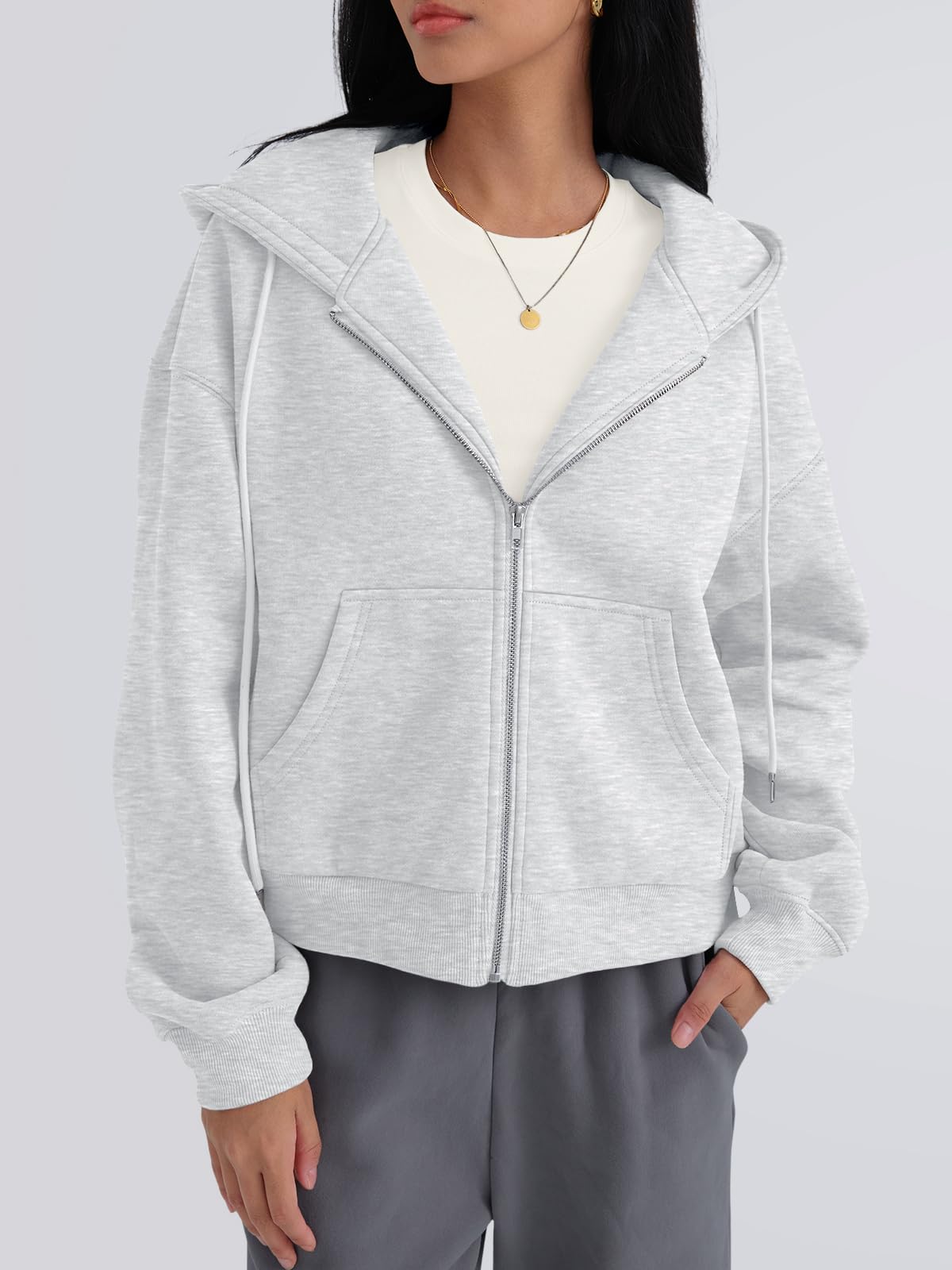 Trendy Queen Zip Up Hoodies For Women Oversized Sweatshirts Fall Fashion Outfits 2026 Cropped Pullover Sweaters Y2k Fleece Jackets Comfy Gym Tops Teen Girls Clothes Grey M