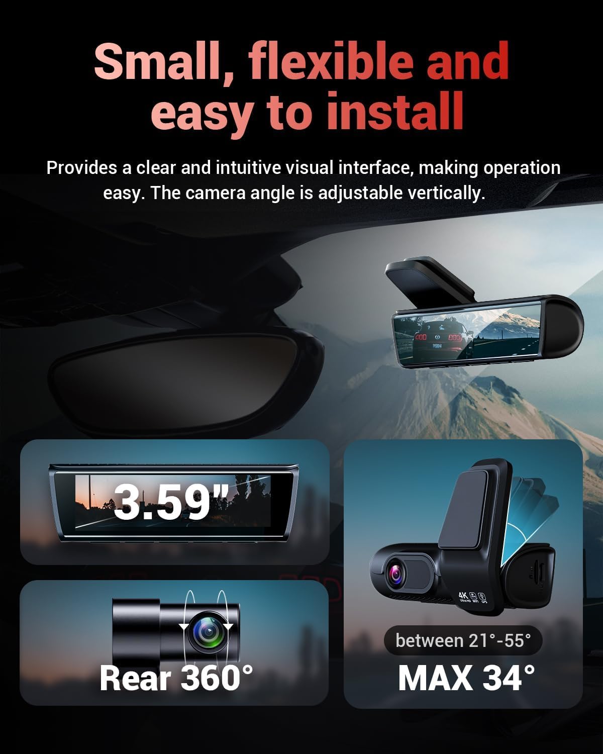 OVAMAN K600 4k Dash Cam Front and Rear, 3.59" IPS Screen, Built-in GPS 5G WiFi Dash Camera for Cars with App, UHD 2160P Night Vision Free 32G SD Card, 170° Wide Angle, HDR, 24H Parking Mode