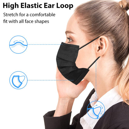 Egook Black Disposable Face Masks, 100 Pack 3 Ply Protection Face Mask, Soft Breathable Disposable Masks For Adults, Male-Female, Teenagers, Daily Use, Outdoors, School and Office