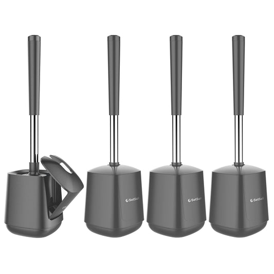 SetSail Toilet Brush and Holder 4 Pack, Self Closing Lid Toilet Bowl Brushes Holder Extra Long Handle Ventilated Toilet Brush Set for Bathroom Cleaning, Nylon Bristles, Grey