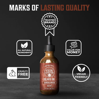 Viking Revolution Sandalwood Beard Oil for Men - Natural Mens Beard Oil with Argan Oil and Jojoba Oil - Beard Softener, Strengthens and Moisturizes - Beard Conditioner for Men (Sandalwood, 1 Pack)