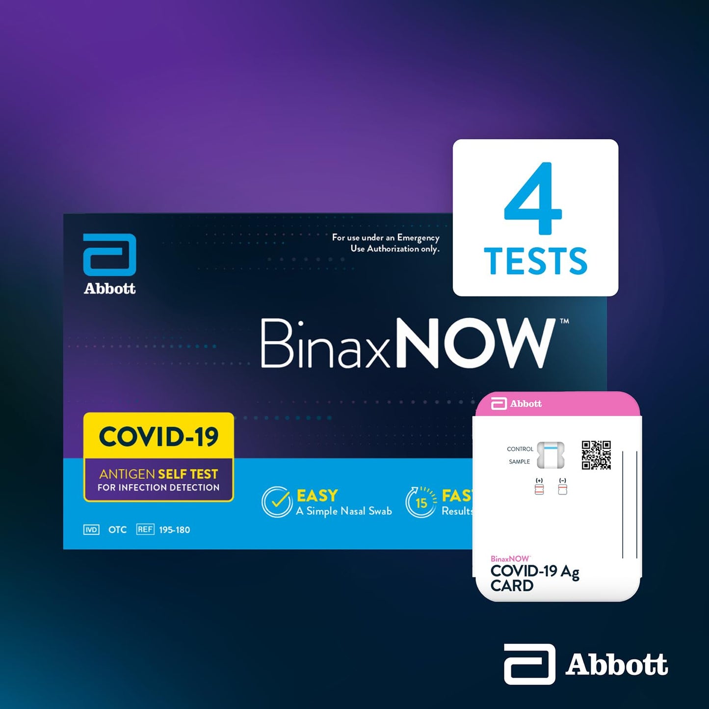 BinaxNOW COVID-19 Antigen Self Test, 1 Pack, 4 Tests Total, COVID Test With 15-Minute Results Without Sending to a Lab, Easy to Use at Home
