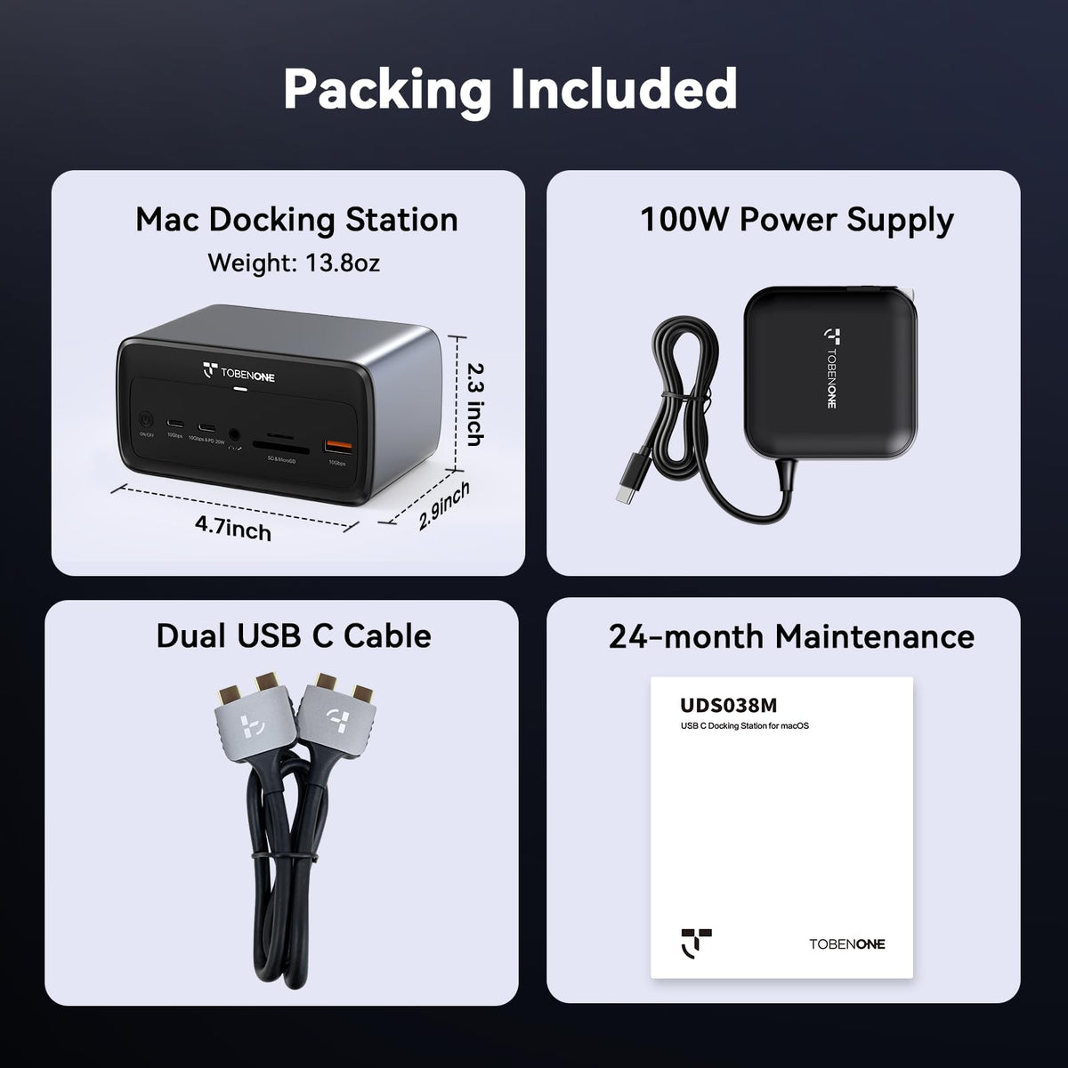 TobenONE MacBook Docking Station Dual 4K@60Hz, 16-in-2 USB C Docking Station with 2 HDMI Ports, 7 USB Ports, 100W GaN Power Supply & 20W Charging, 2.5Gbps Ethernet, for Home & Office