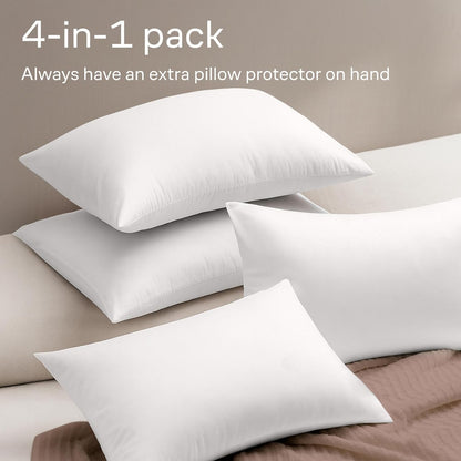 Ultra Soft Pillow Protectors with Zipper Standard Size - Set of 4 Breathable Pillow Covers - 100% Protection Against Stains, Dust & Dirt - Machine Washable (White)
