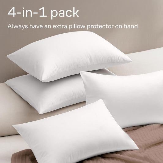 Ultra Soft Pillow Protectors with Zipper Standard Size - Set of 4 Breathable Pillow Covers - 100% Protection Against Stains, Dust & Dirt - Machine Washable (White)