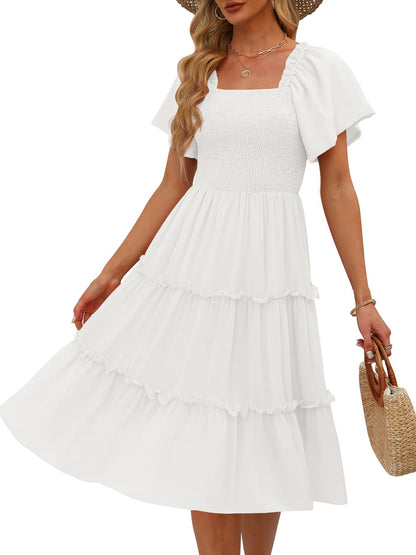 LILLUSORY Women Dresses Spring Summer 2026 Midi Graduation Bridal Baby Shower Casual Flowy Boho Sun Sundress Bridesmaid Brunch Cute Ladies Vacation Beach Smocked Teacher Clothes Outfits White XL