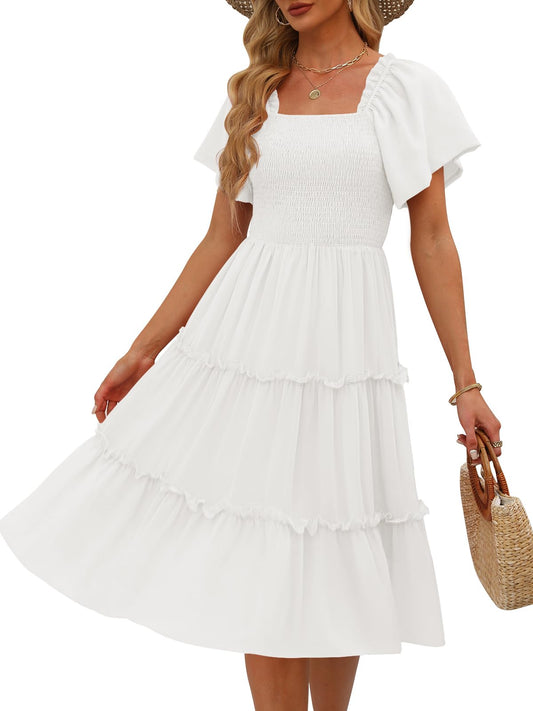 LILLUSORY Women Dresses Spring Summer 2026 Midi Graduation Bridal Baby Shower Casual Flowy Boho Sun Sundress Bridesmaid Brunch Cute Ladies Vacation Beach Smocked Teacher Clothes Outfits White XL