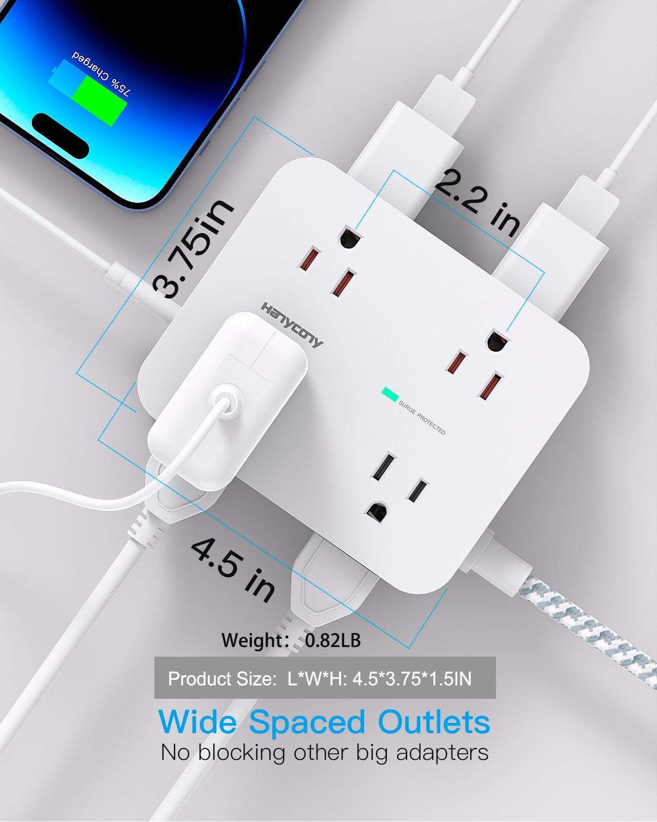 Surge Protector Power Strip - HANYCONY 8 Outlets 4 USB (2 USB C) Charging Ports, Multi Plug Outlet Extender, 5Ft Braided Extension Cord, Flat Plug Wall Mount Desk Charging Station for Home Office ETL