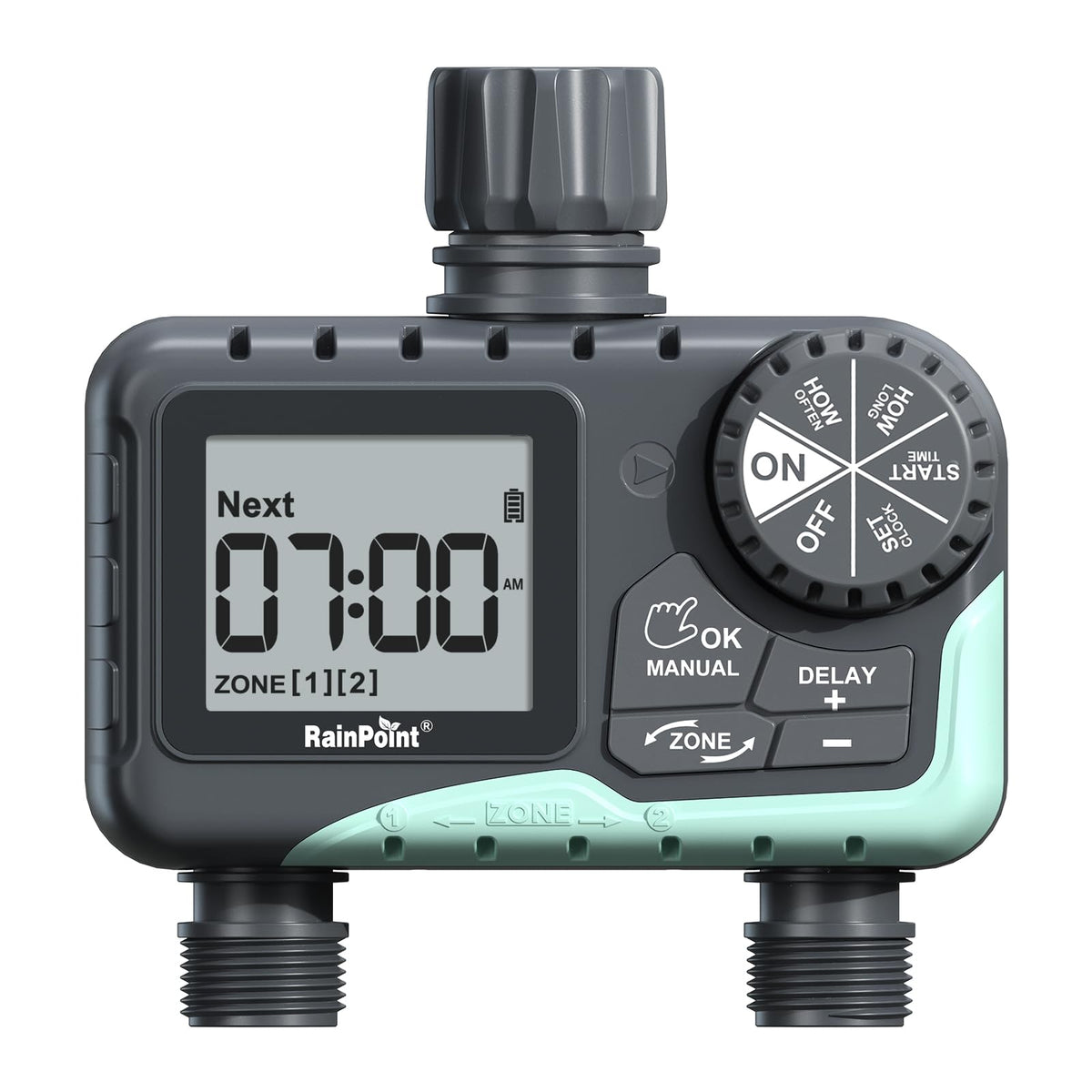 RAINPOINT 2 Zone Water Timer for Garden Hose - Sprinkler With Rain Delay, Manual Watering, Automatic Irrigation Controller System - Programmable Faucet Timer for Yard Lawn