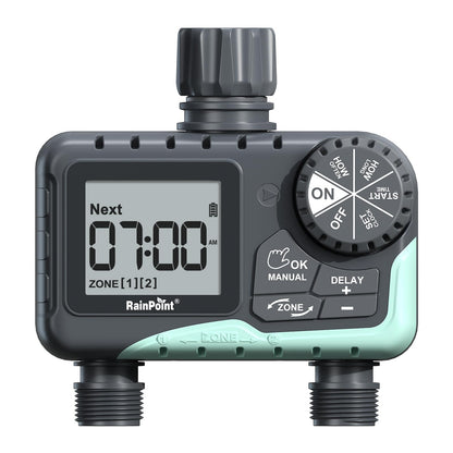RAINPOINT 2 Zone Water Timer for Garden Hose - Sprinkler With Rain Delay, Manual Watering, Automatic Irrigation Controller System - Programmable Faucet Timer for Yard Lawn