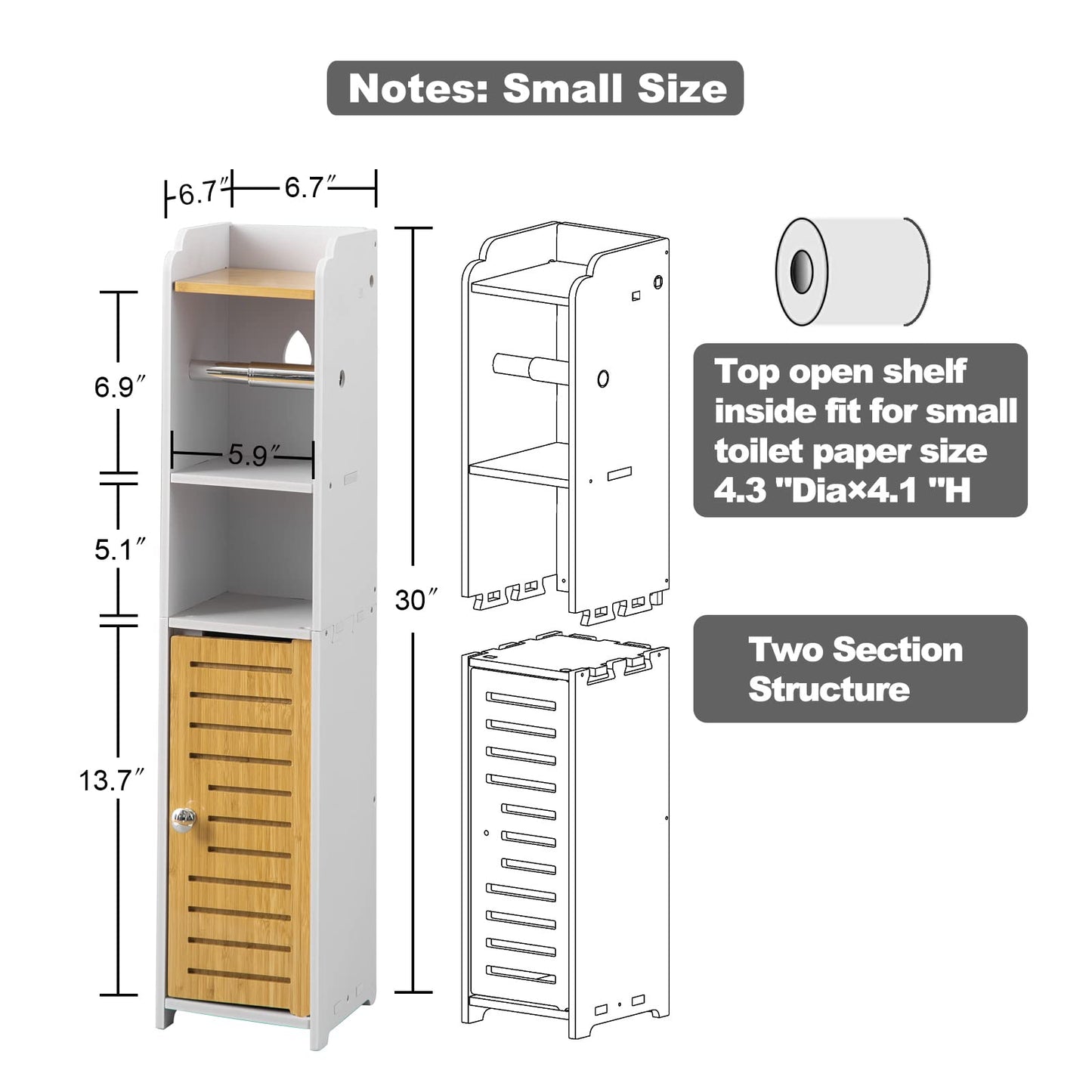 AOJEZOR Toilet Paper Holder Stand: Small Bathroom Storage Cabinet - Pure White/Bamboo
