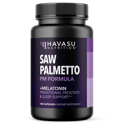 Saw Palmetto PM for Men with Melatonin 3mg - Night Time Prostate Health Supplement for Bladder and Sleep Support - Reduce Urinary Frequency - 100 Count - Vegan, Non-GMO Capsules - Over 3 Month Supply