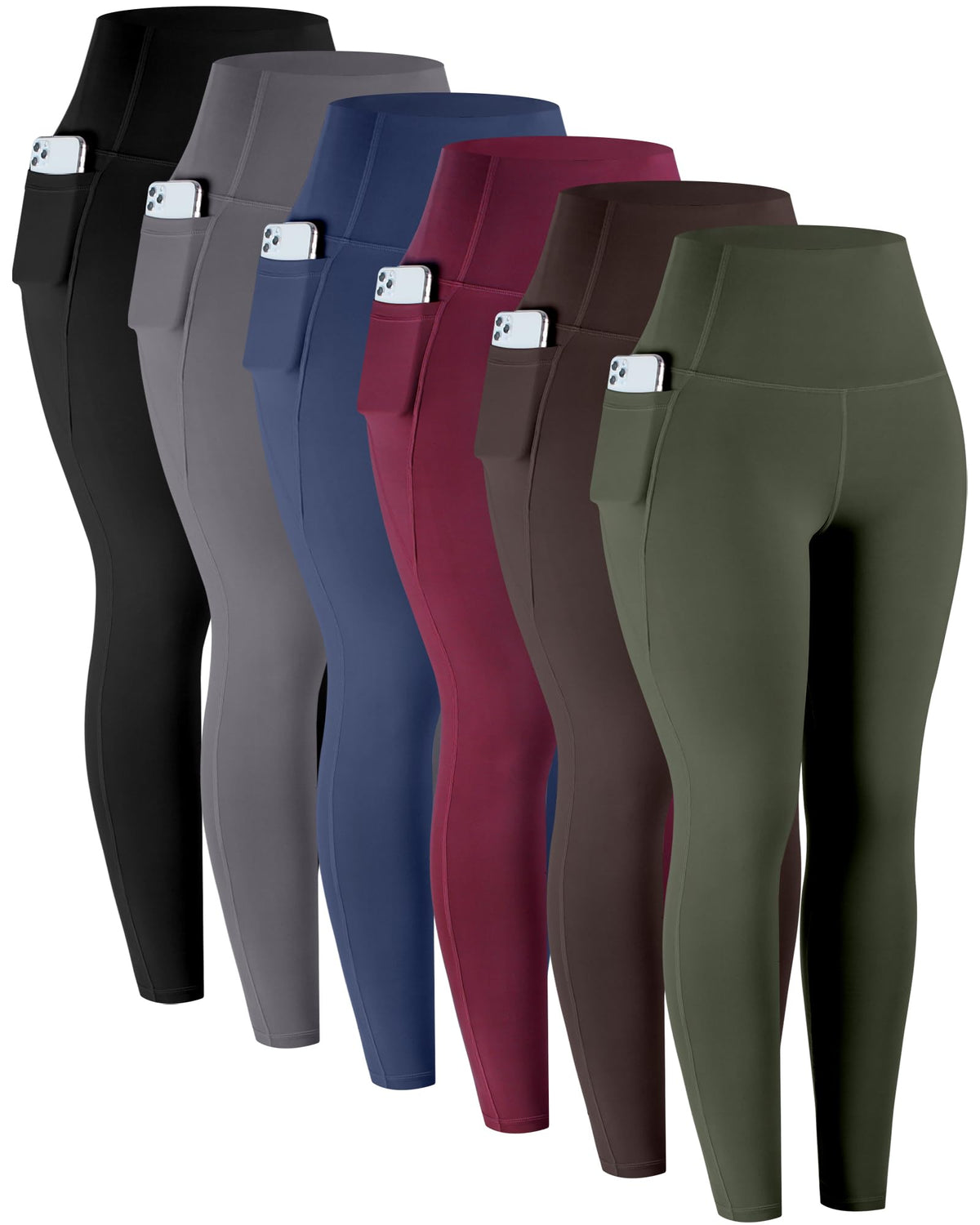 LZYVOO Leggings with Pockets for Women, 6 Packs Soft High Waisted Tummy Control Workout Yoga Pants(BlackGrayNavyWineGreenBrown-M)