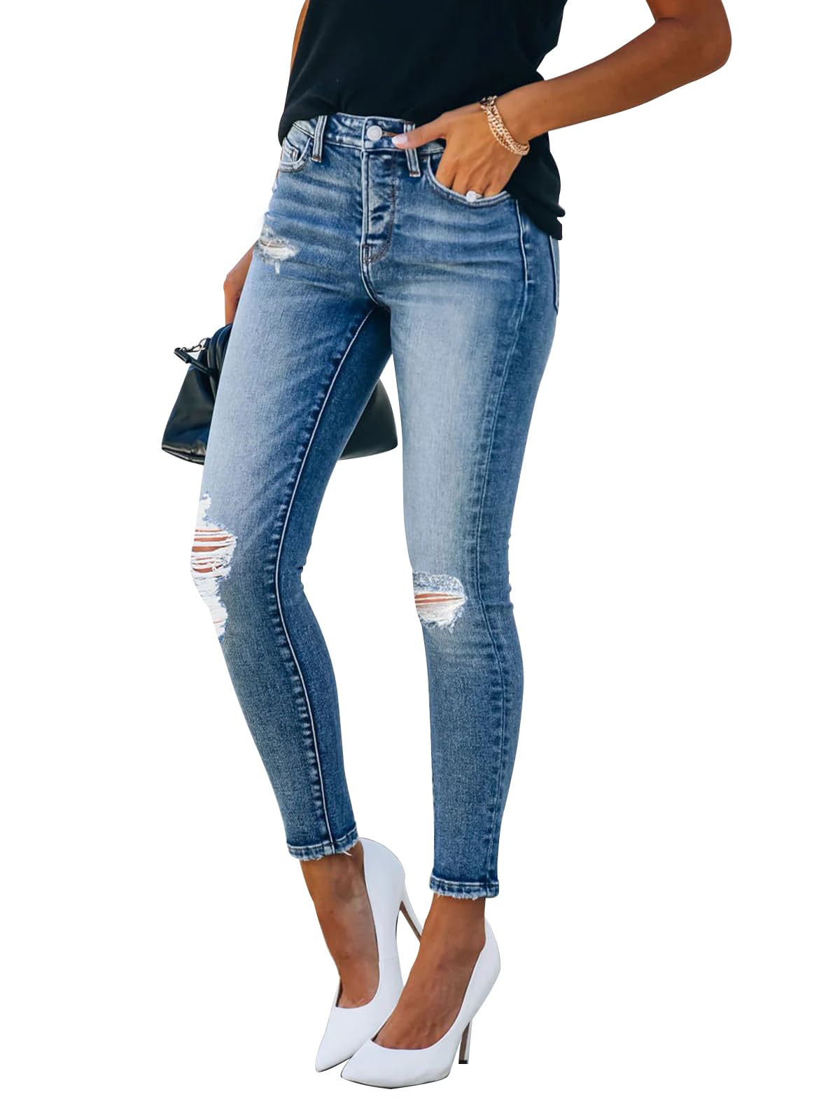 KUNMI Women's Skinny Ripped Trendy Jeans Distressed Stretchy Denim Pants